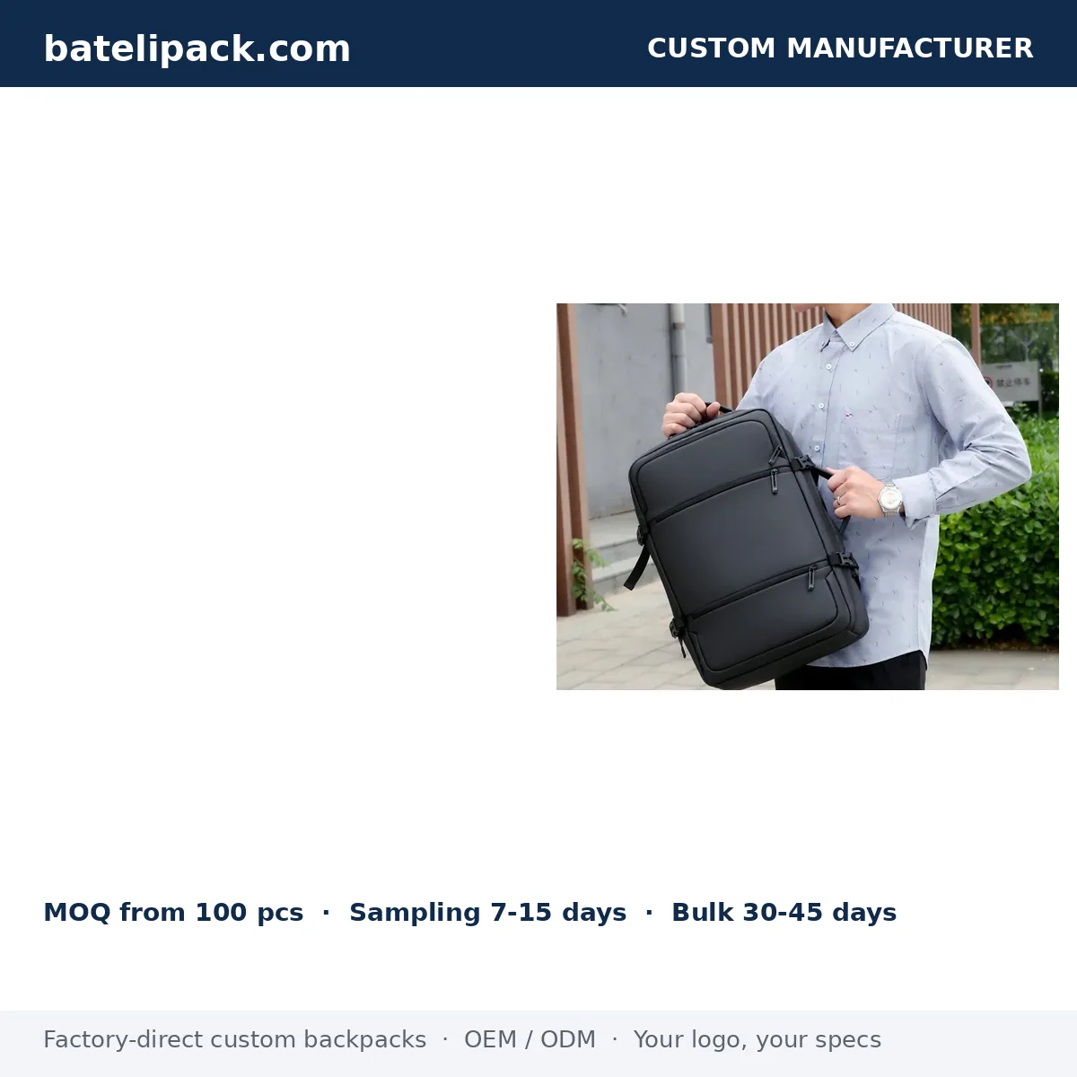 Business Backpack with Water-Resistant, Large Capacity, Padded Laptop Compartment — Custom Logo & OEM