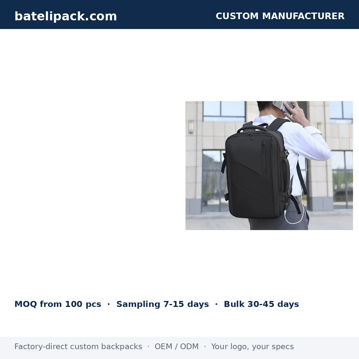 Business Backpack with Large Capacity, Padded Laptop Compartment, Travel Use — Custom Logo & OEM