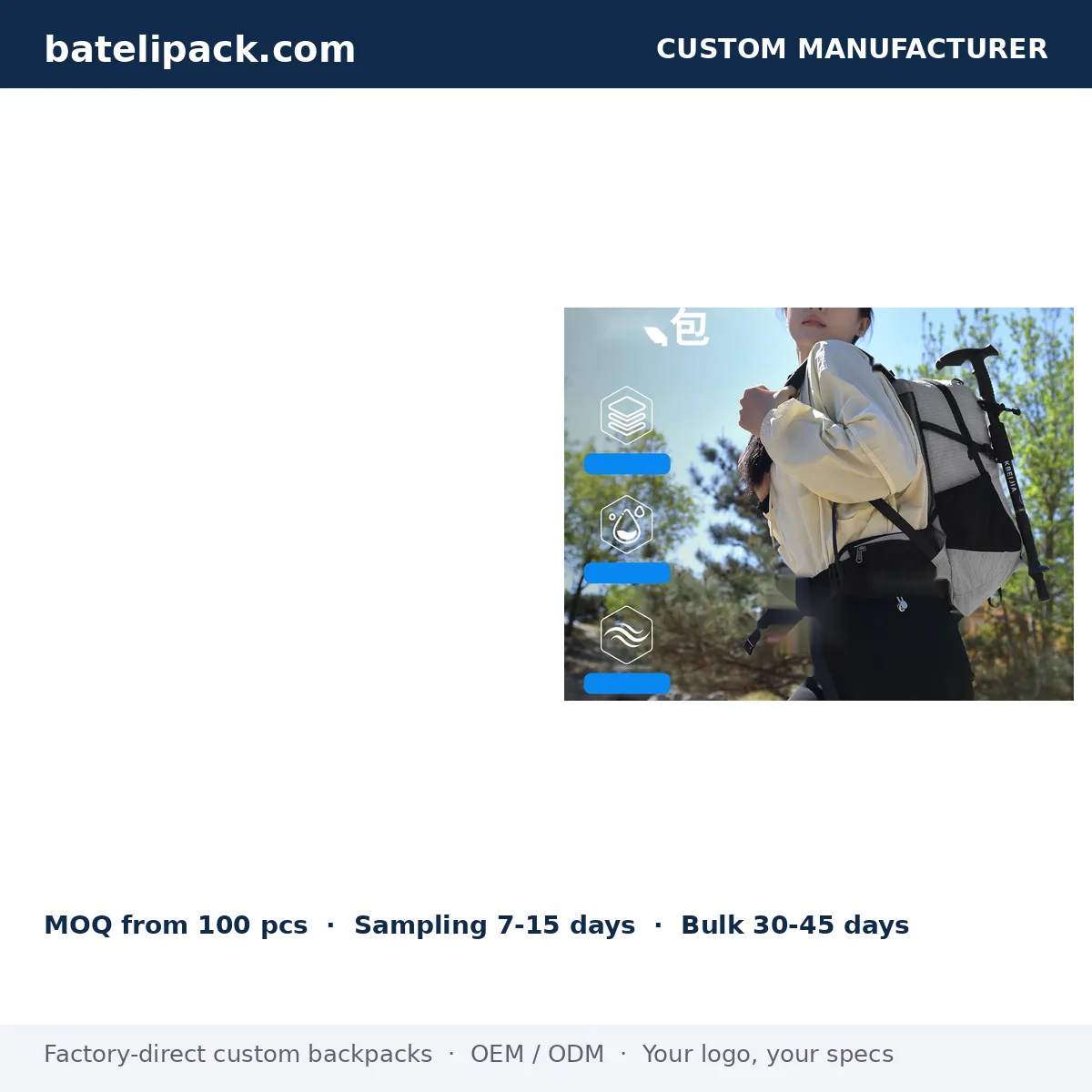 Outdoor Backpack with Water-Repellent, Lightweight, Breathable Back Panel — Custom Logo & OEM