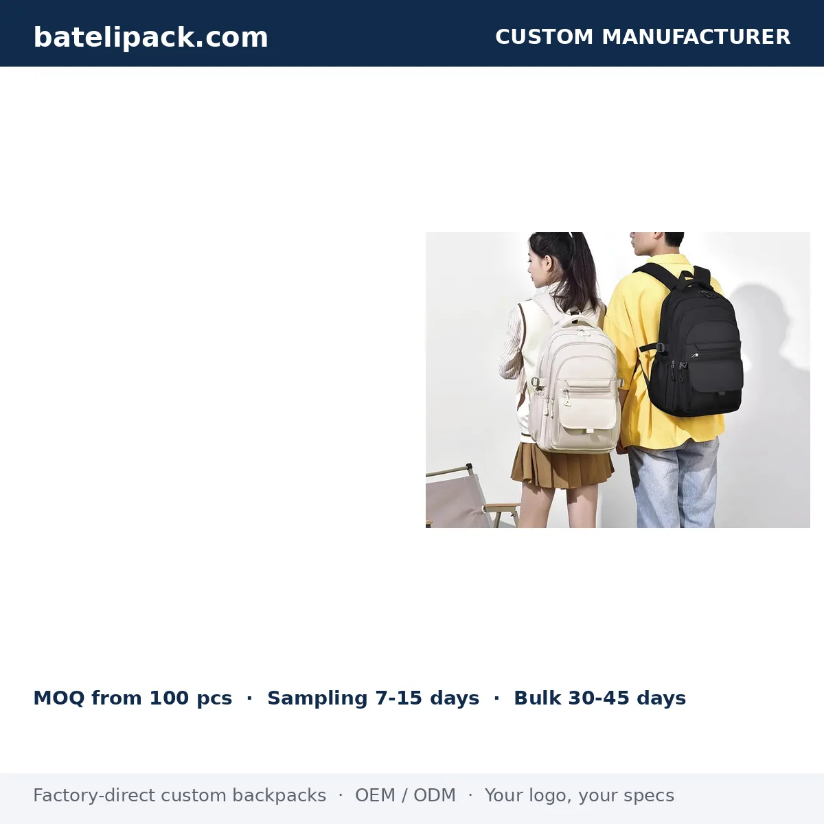 School Backpack with Water-Repellent, Travel Use — Custom Logo & OEM