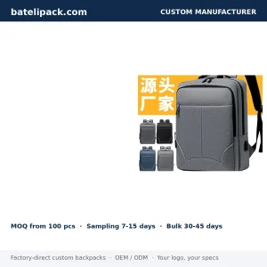 Business Backpack with Water-Resistant, Padded Laptop Compartment, Travel Use — Custom Logo & OEM