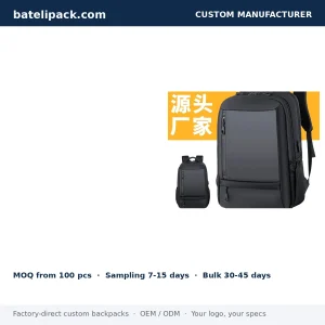 Business Backpack with Water-Resistant, Padded Laptop Compartment, Travel Use — Custom Logo & OEM