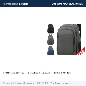 Business Backpack with Water-Resistant, Padded Laptop Compartment, Travel Use — Custom Logo & OEM