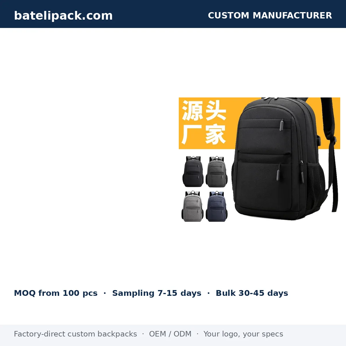 Business Backpack with Water-Resistant, Large Capacity, Padded Laptop Compartment — Custom Logo & OEM