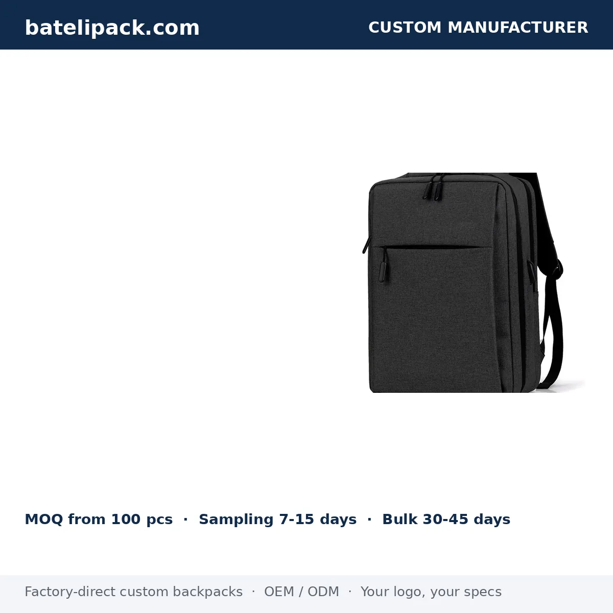 Business Backpack with Water-Resistant, Large Capacity, Padded Laptop Compartment — Custom Logo & OEM