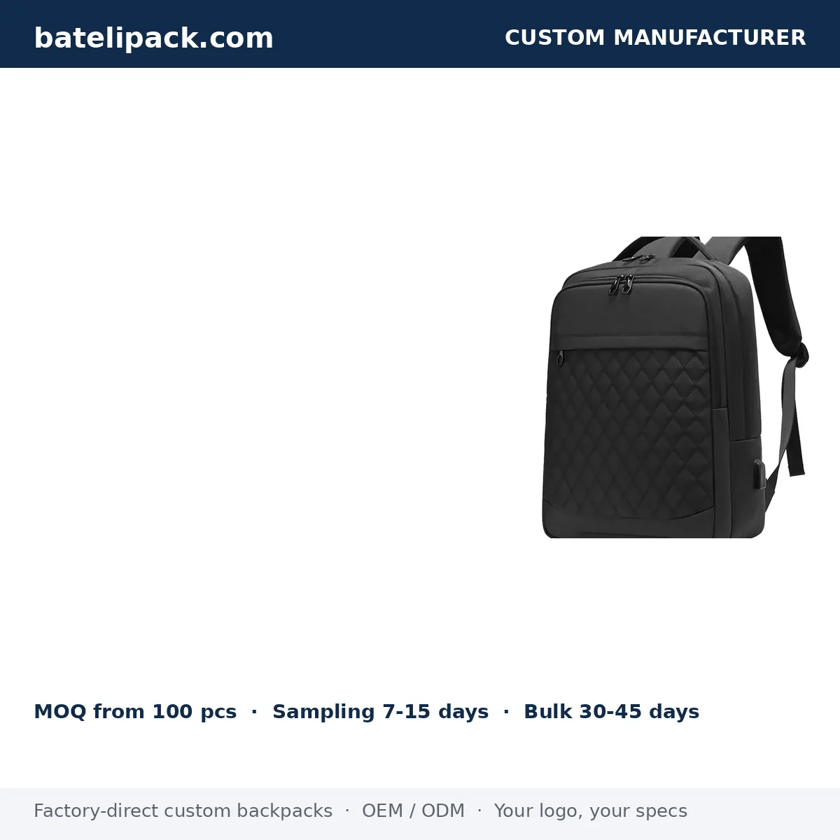 Business Backpack with Water-Resistant, Large Capacity, Padded Laptop Compartment — Custom Logo & OEM