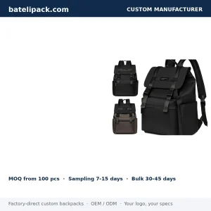 Business Backpack with Water-Resistant, Padded Laptop Compartment, Travel Use — Custom Logo & OEM