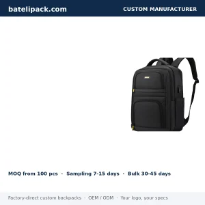Business Backpack with Water-Resistant, Padded Laptop Compartment, Travel Use — Custom Logo & OEM
