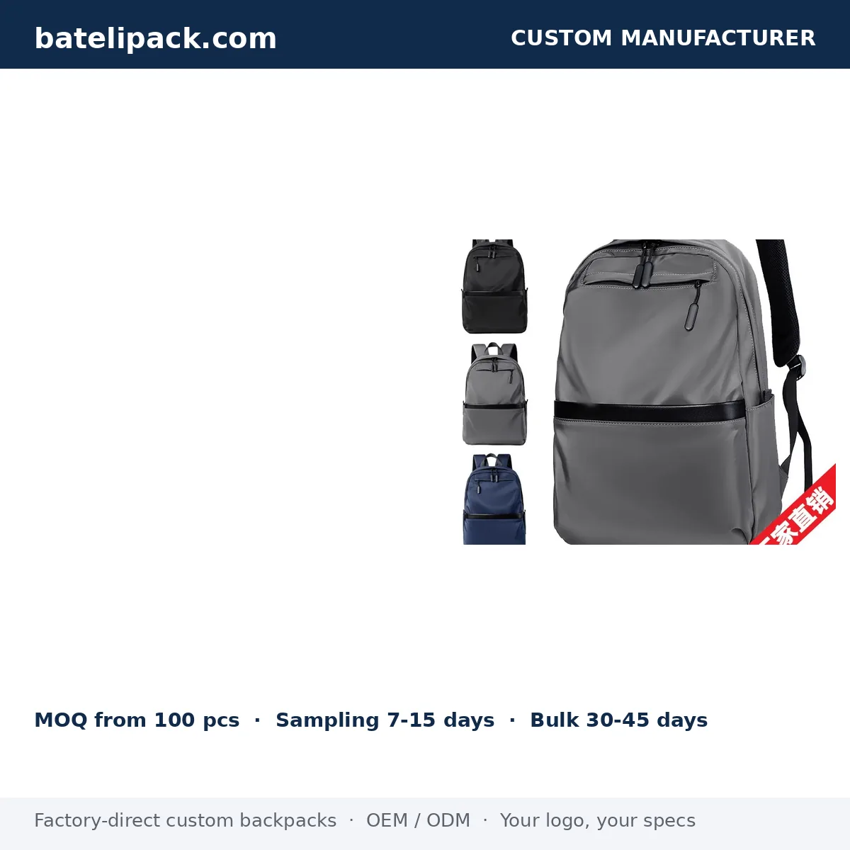 Business Backpack with Water-Resistant, Large Capacity, Padded Laptop Compartment — Custom Logo & OEM
