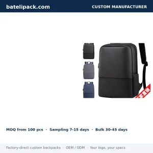 Business Backpack with Water-Resistant, Padded Laptop Compartment, Travel Use — Custom Logo & OEM