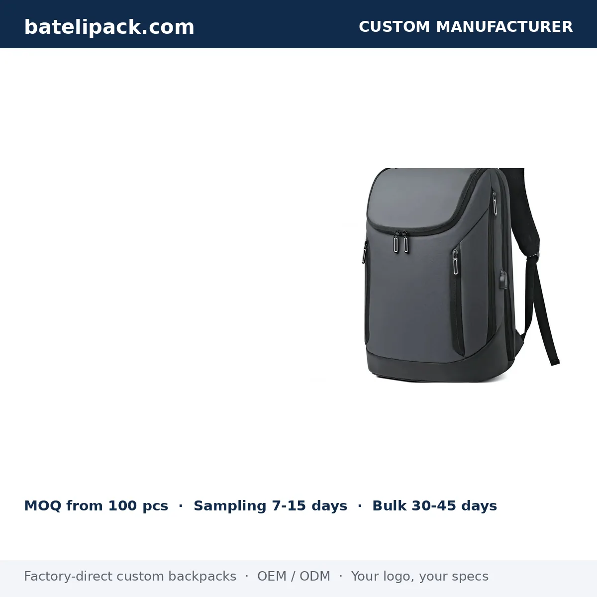 Business Backpack with Large Capacity, Padded Laptop Compartment, Travel Use — Custom Logo & OEM