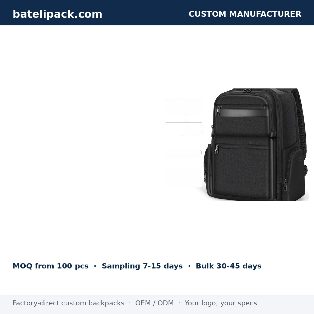 Business Backpack with Large Capacity, Padded Laptop Compartment, Travel Use — Custom Logo & OEM