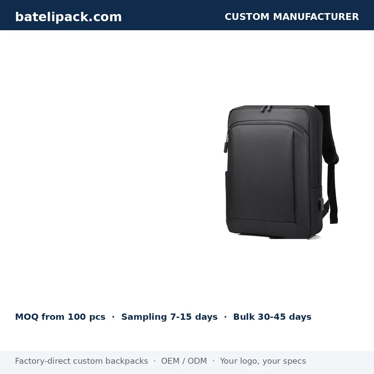 Business Backpack with Water-Resistant, Large Capacity, Padded Laptop Compartment — Custom Logo & OEM