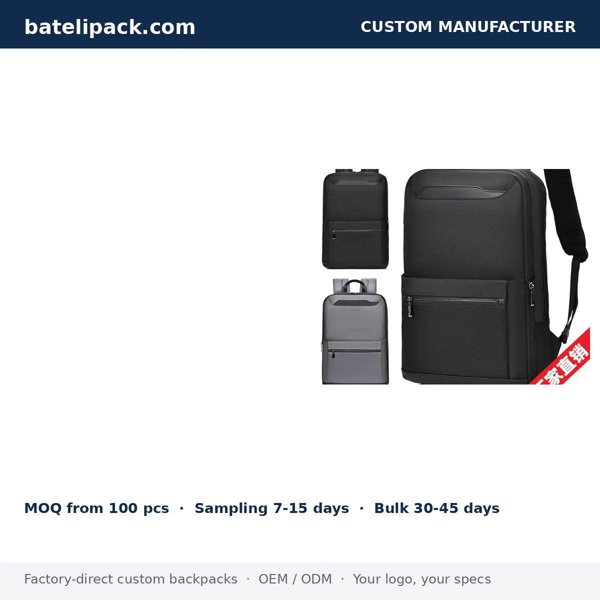 Business Backpack with Water-Resistant, Padded Laptop Compartment, Travel Use — Custom Logo & OEM