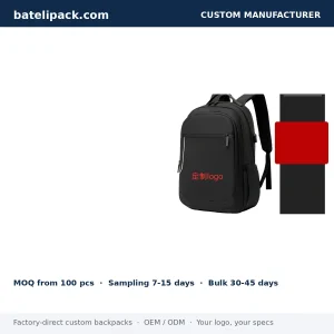 Business Backpack with USB Charging Port, Water-Resistant, Padded Laptop Compartment — Custom Logo & OEM