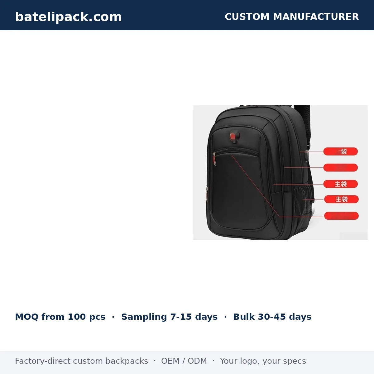 Business Backpack with Large Capacity, Padded Laptop Compartment, Travel Use — Custom Logo & OEM