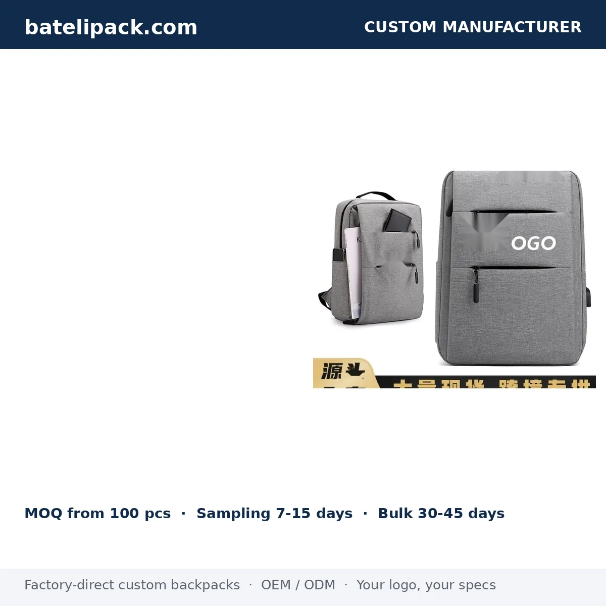 Business Backpack with Large Capacity, Padded Laptop Compartment, Travel Use — Custom Logo & OEM