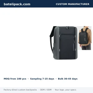 Business Backpack with USB Charging Port, Water-Repellent, Padded Laptop Compartment — Custom Logo & OEM