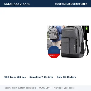 Business Backpack with USB Charging Port, Large Capacity, Padded Laptop Compartment — Custom Logo & OEM